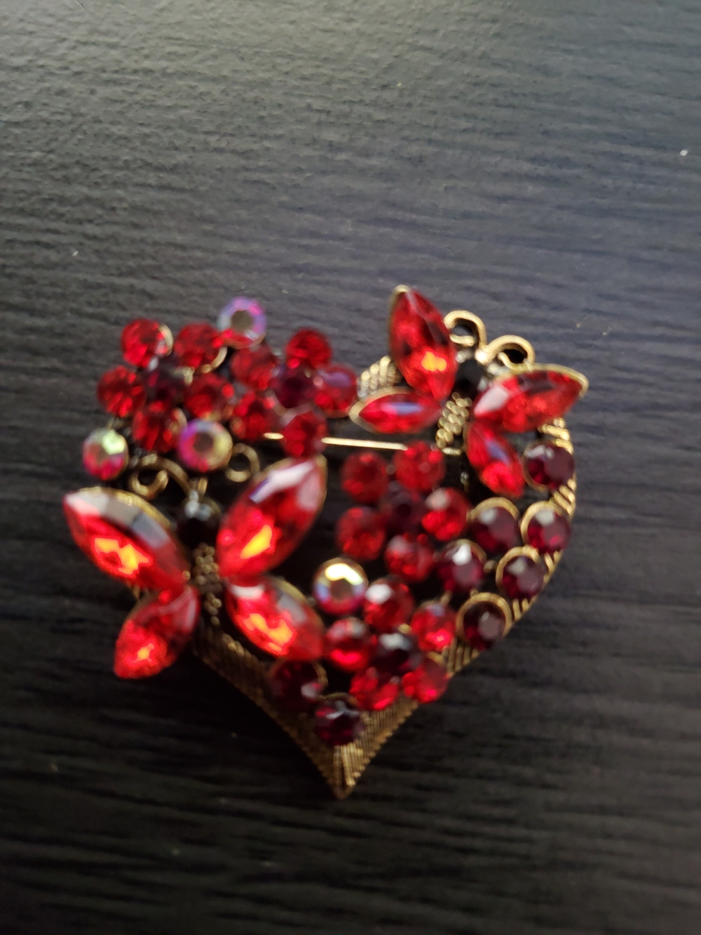 Red Heart & Butterfly Crystal Brooch with Gold-Tone Accents